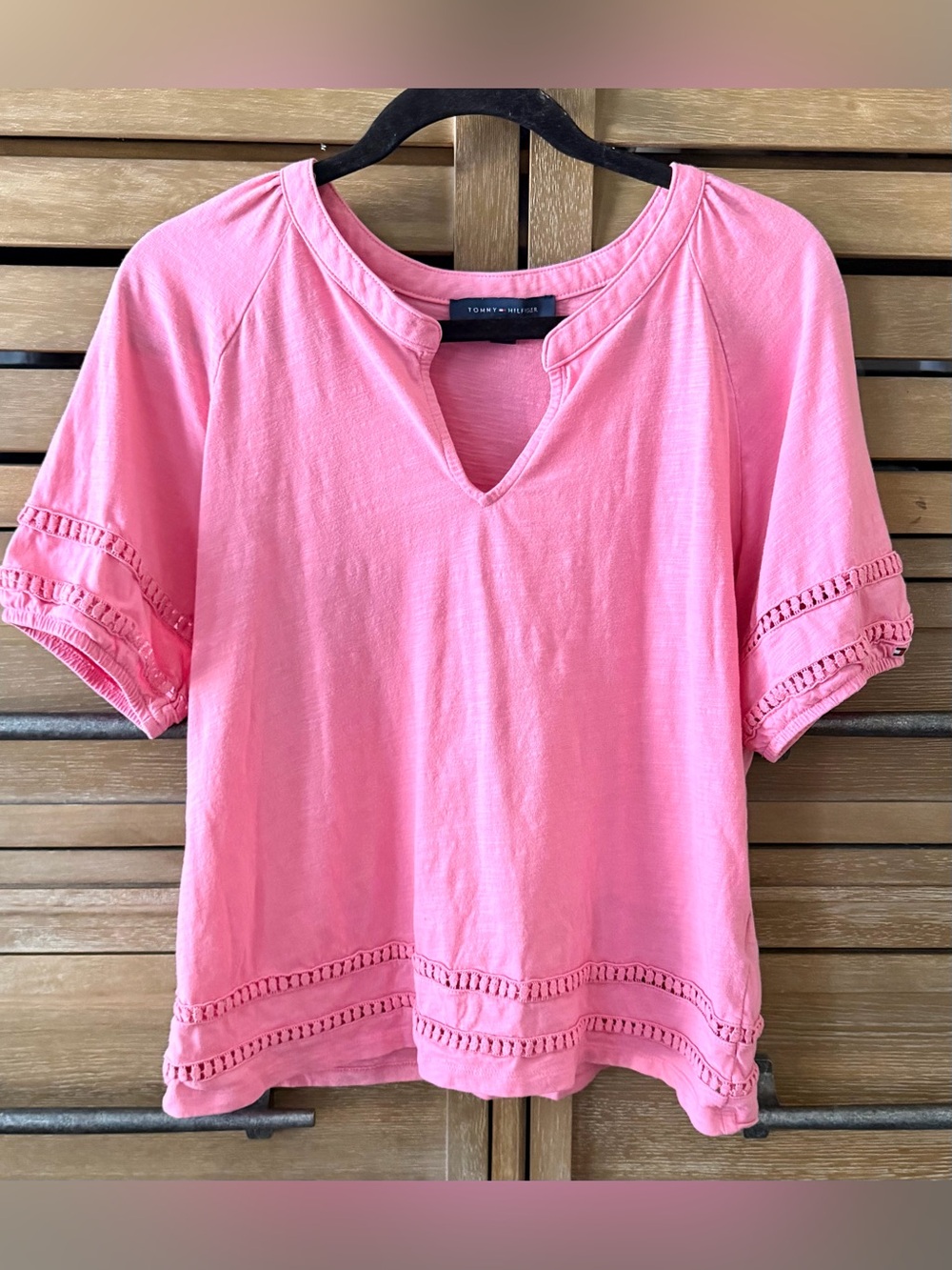Tommy Hilfiger split neck pink top with trim size large